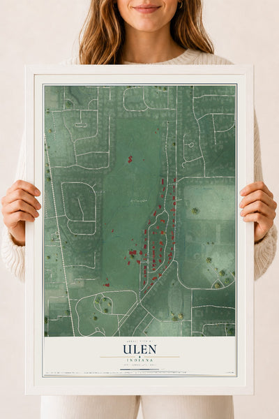 Map of Ulen, Indiana, 18 x 24 inch print in a white wood frame