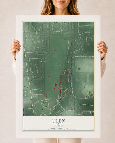 Map of Ulen, Indiana, 24 x 36 inch print in a white wood frame