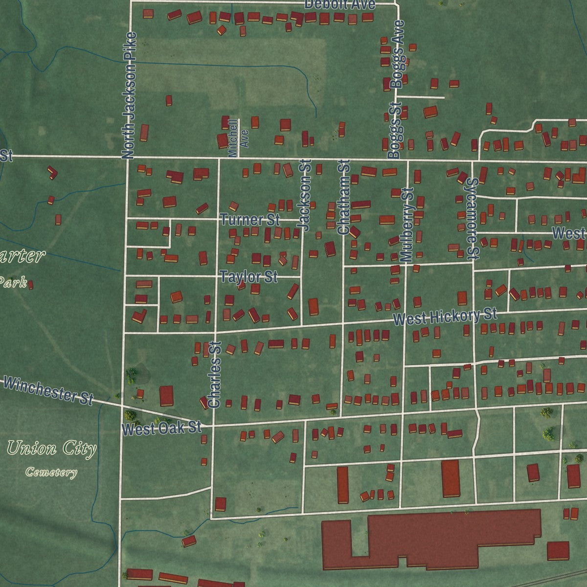 Second close-up of the map of Union City, Indiana print showing more streets and buildings