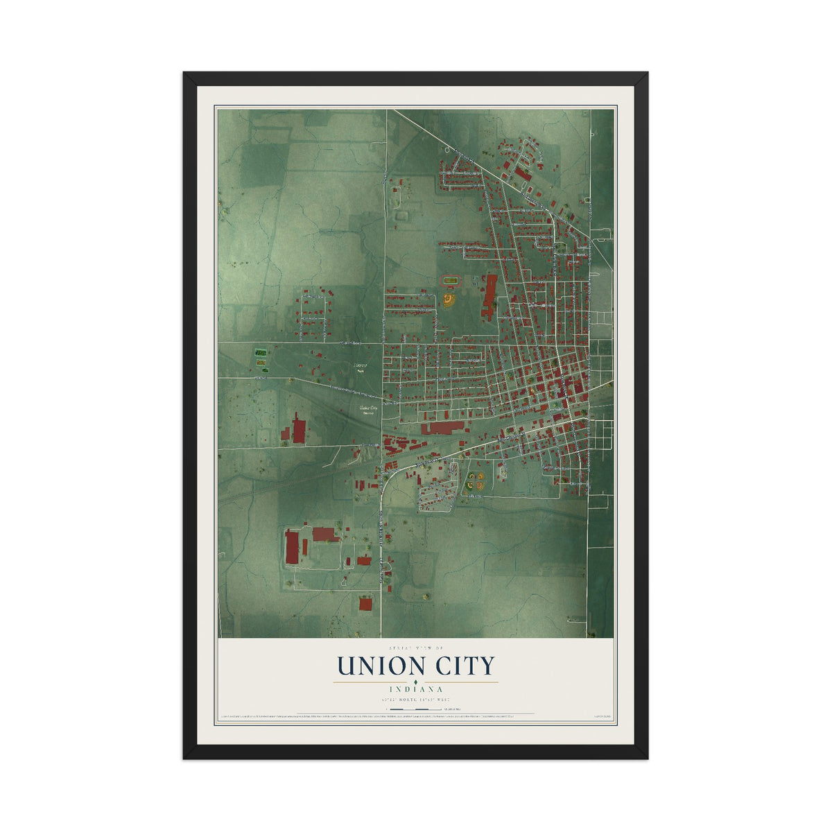 Map of Union City, Indiana, 12 x 18 inch print in a black wood frame