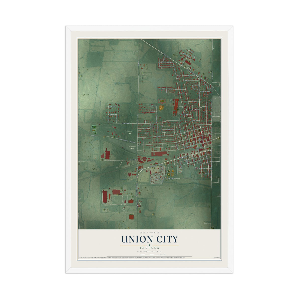 Map of Union City, Indiana, 12 x 18 inch print in a white wood frame