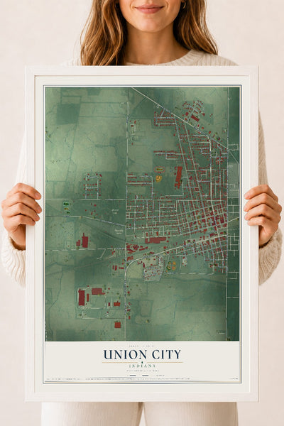 Map of Union City, Indiana, 18 x 24 inch print in a white wood frame
