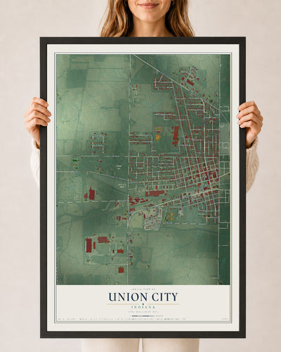 Map of Union City, Indiana, 24 x 36 inch print in a black wood frame