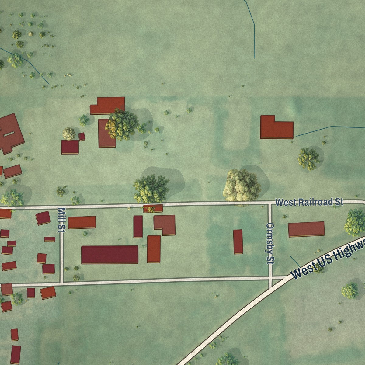 Second close-up of the map of Uniondale, Indiana print showing more streets and buildings