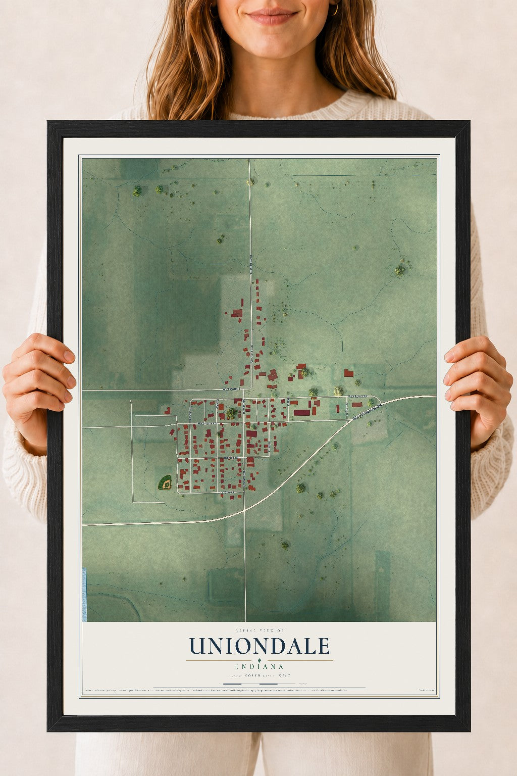 Map of Uniondale, Indiana, 18 x 24 inch print in a black wood frame