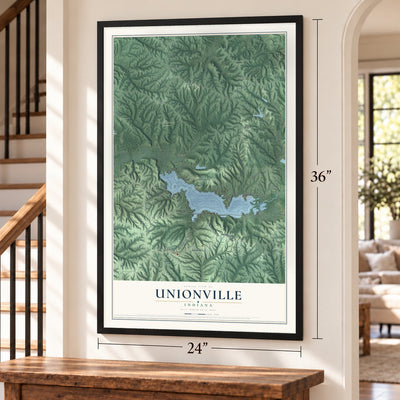 Unionville, Indiana map, 24 x 36 inch print in a black frame by a staircase