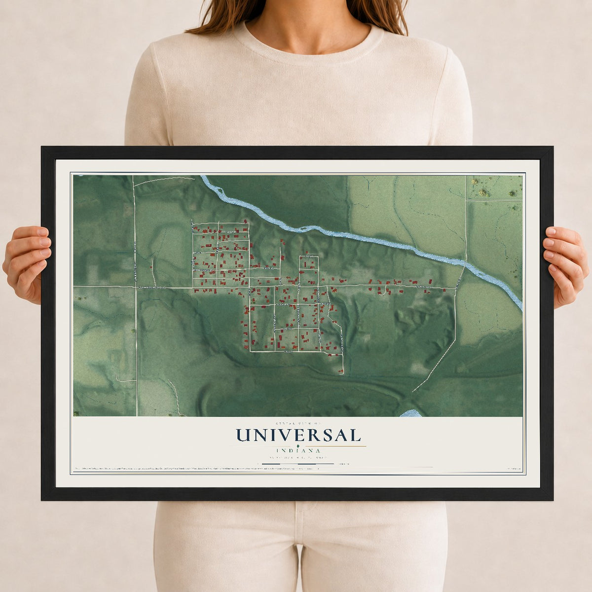 Map of Universal, Indiana, 12 x 18 inch print in a black wood frame