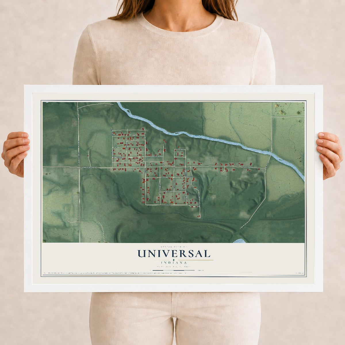 Map of Universal, Indiana, 12 x 18 inch print in a white wood frame