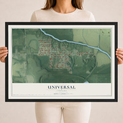 Map of Universal, Indiana, 18 x 24 inch print in a black wood frame