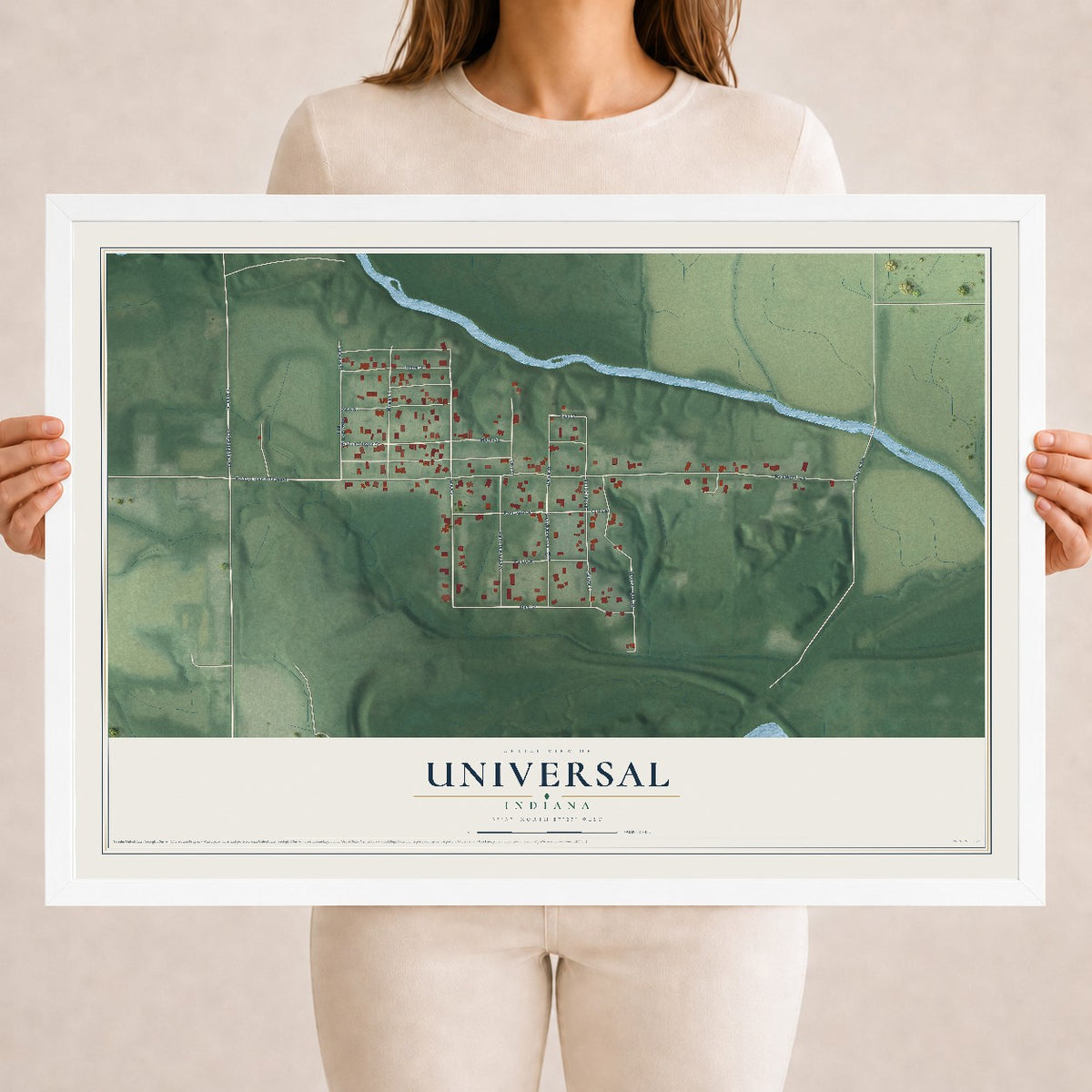 Map of Universal, Indiana, 18 x 24 inch print in a white wood frame