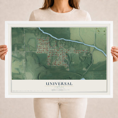 Map of Universal, Indiana, 18 x 24 inch print in a white wood frame