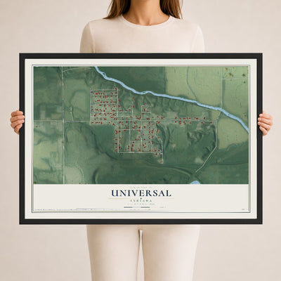 Map of Universal, Indiana, 24 x 36 inch print in a black wood frame