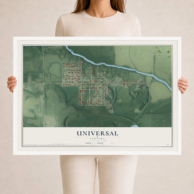 Map of Universal, Indiana, 24 x 36 inch print in a white wood frame