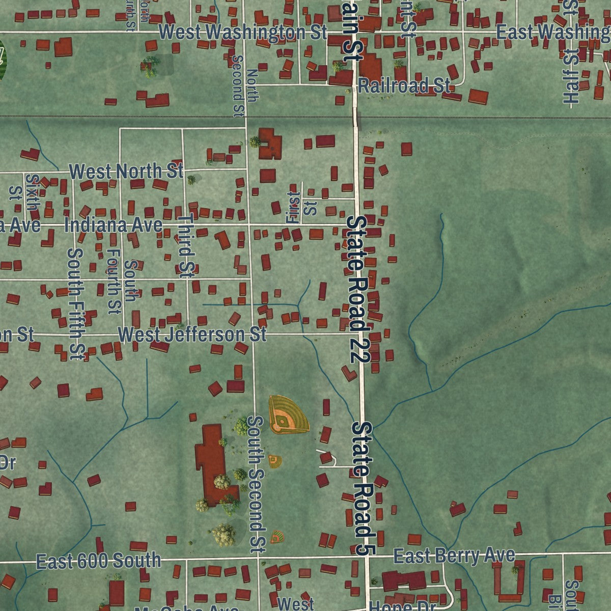 Close-up of the map of Upland, Indiana print showing street and building detail