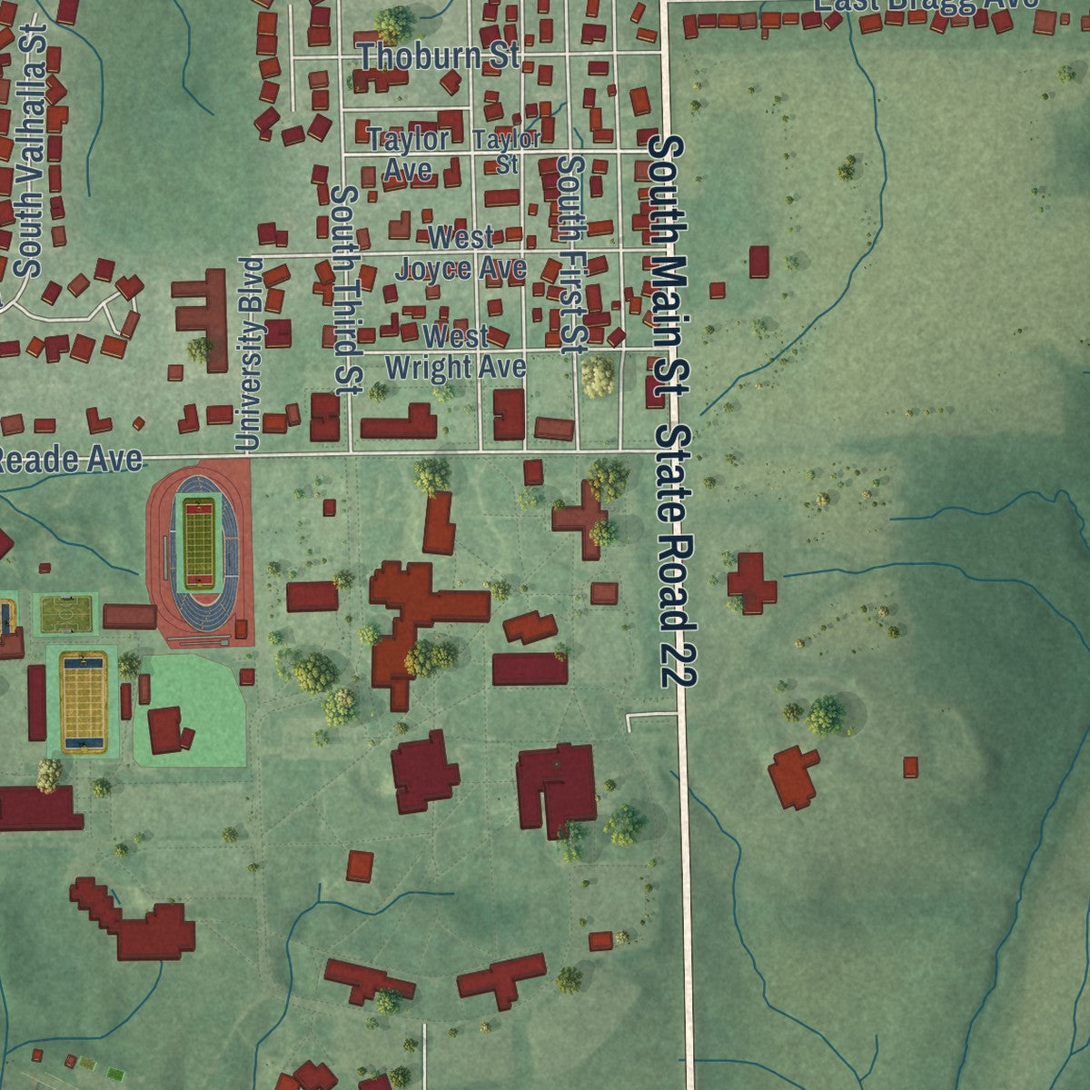 Second close-up of the map of Upland, Indiana print showing more streets and buildings