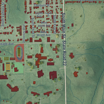 Second close-up of the map of Upland, Indiana print showing more streets and buildings