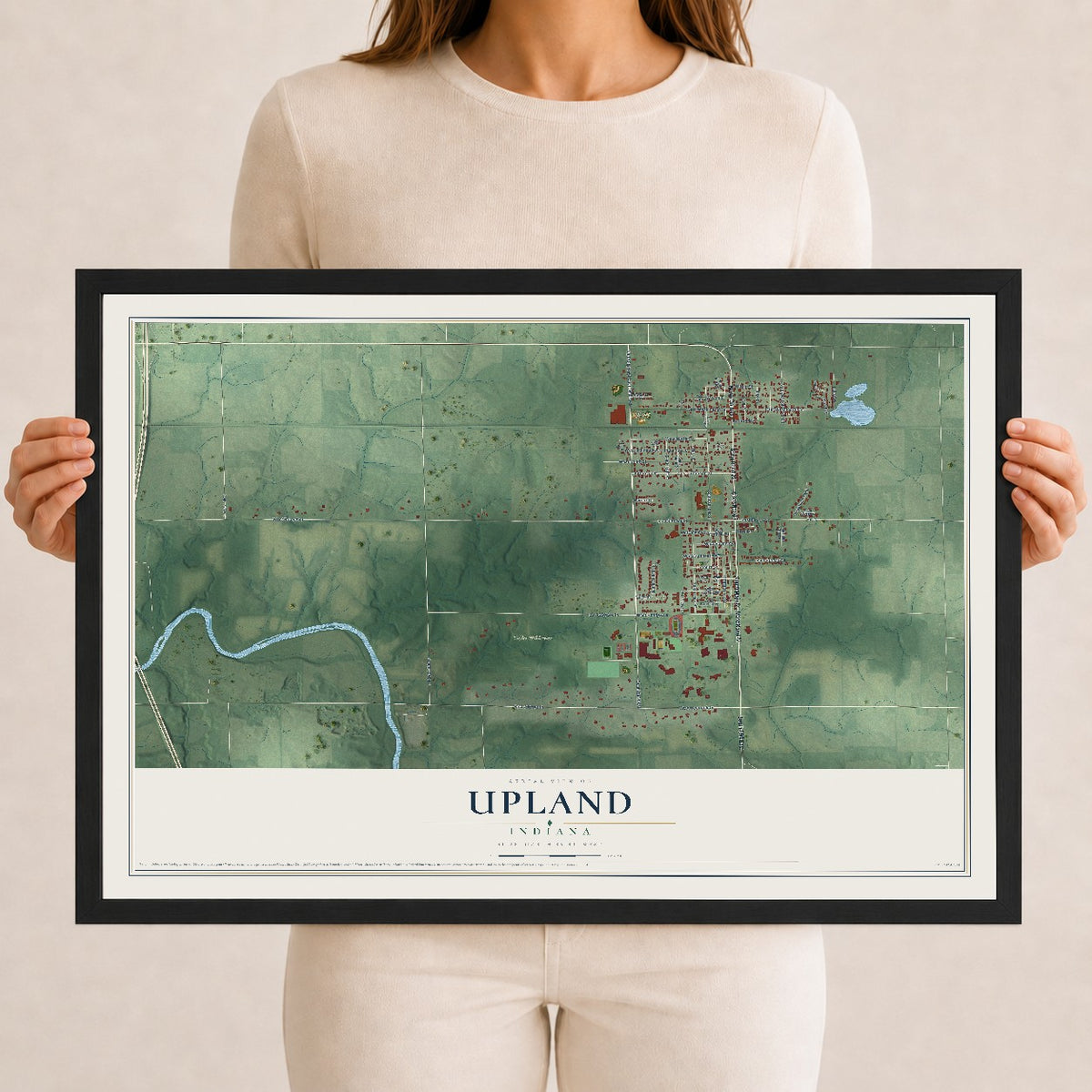 Map of Upland, Indiana, 12 x 18 inch print in a black wood frame