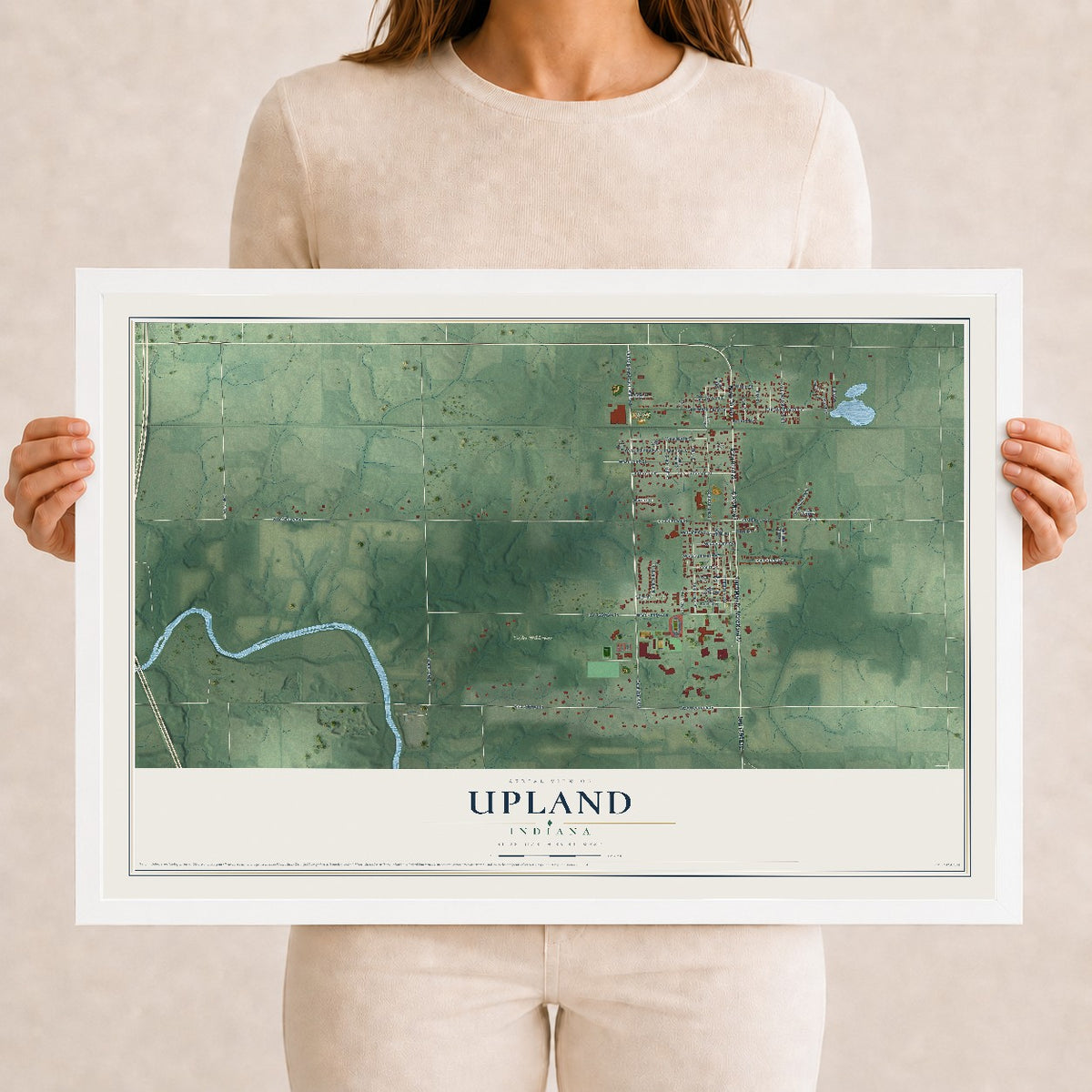 Map of Upland, Indiana, 12 x 18 inch print in a white wood frame