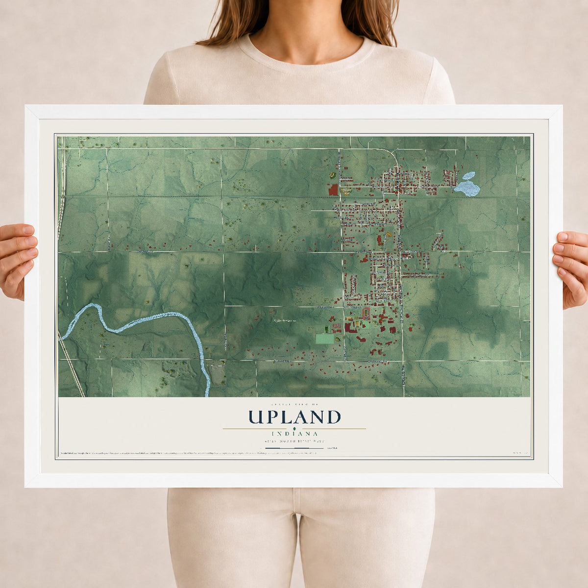 Map of Upland, Indiana, 18 x 24 inch print in a white wood frame