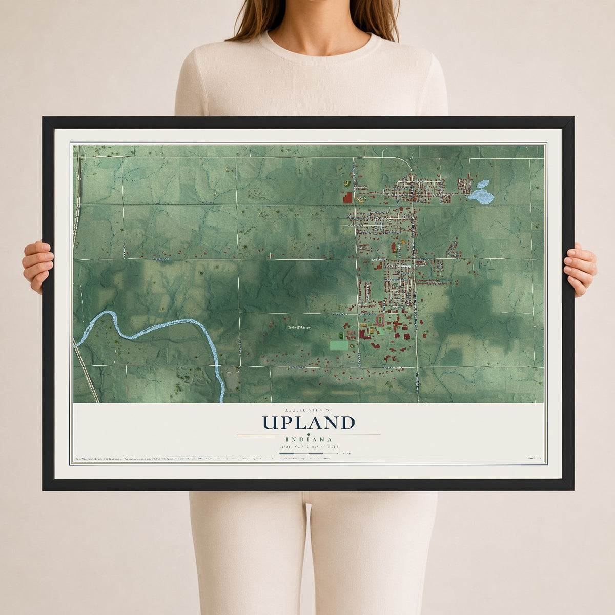Map of Upland, Indiana, 24 x 36 inch print in a black wood frame