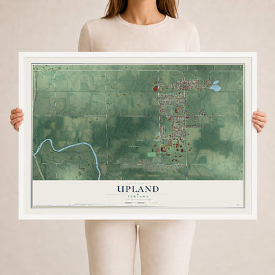 Map of Upland, Indiana, 24 x 36 inch print in a white wood frame