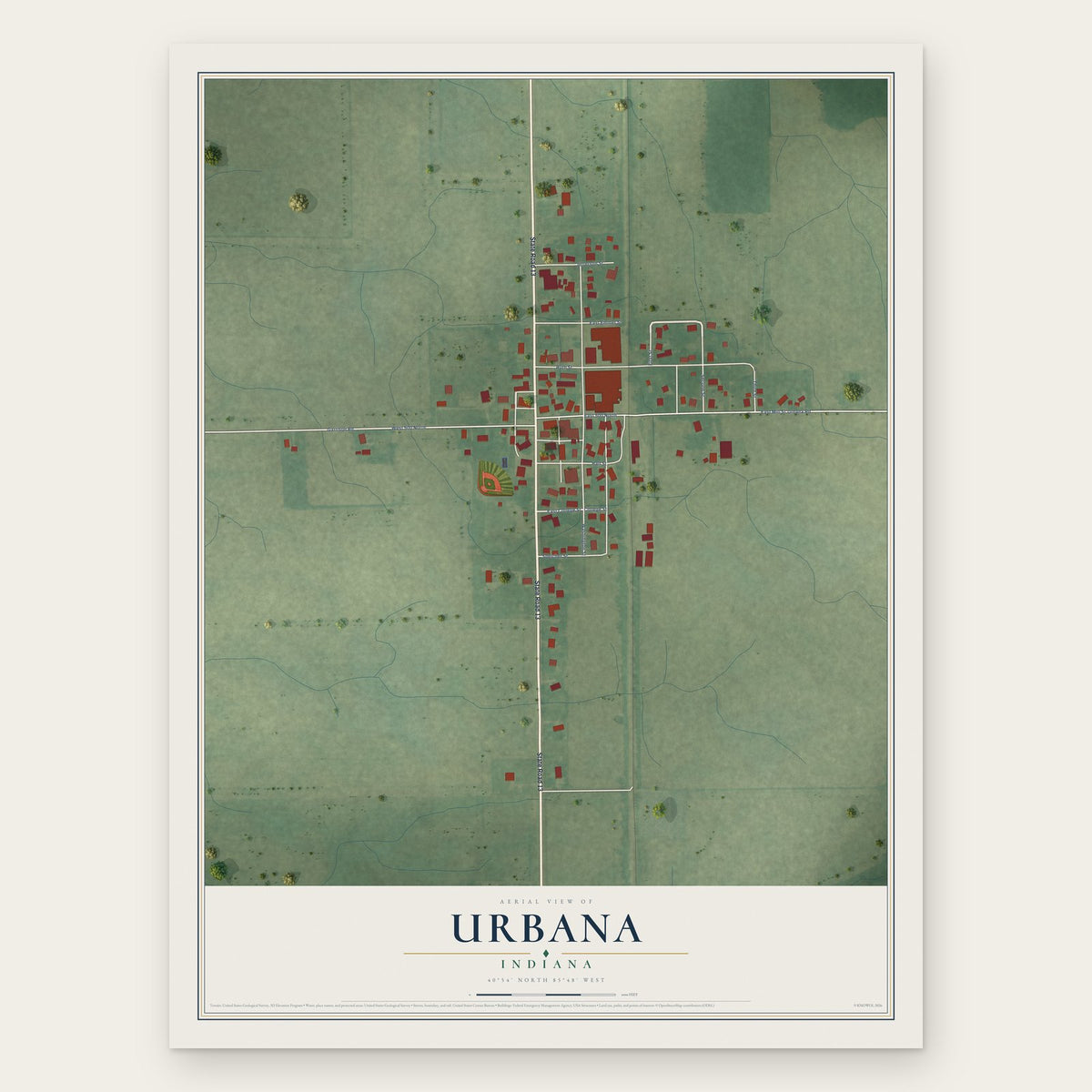 Urbana, Indiana map print, the full design