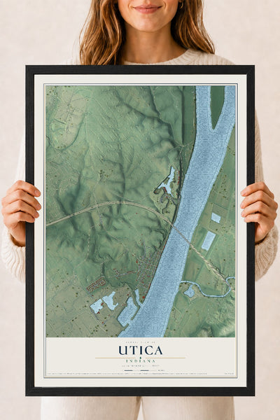 Map of Utica, Indiana, 18 x 24 inch print in a black wood frame