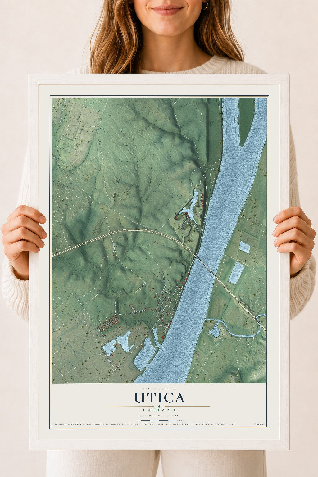 Map of Utica, Indiana, 18 x 24 inch print in a white wood frame