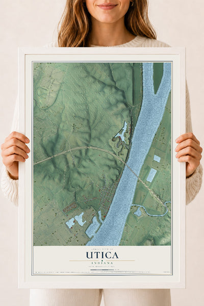 Map of Utica, Indiana, 18 x 24 inch print in a white wood frame