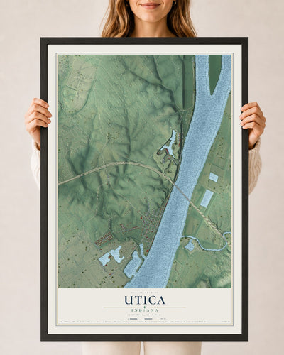 Map of Utica, Indiana, 24 x 36 inch print in a black wood frame