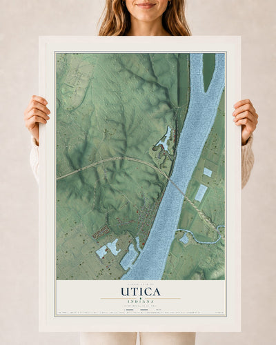 Map of Utica, Indiana, 24 x 36 inch print in a white wood frame