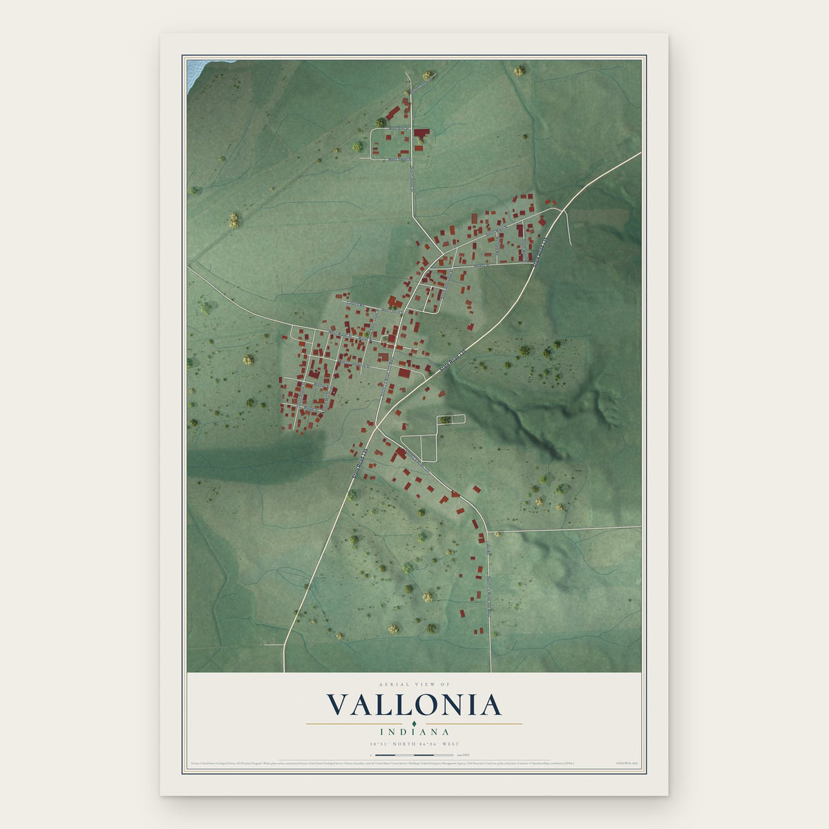 Vallonia, Indiana map print, the full design