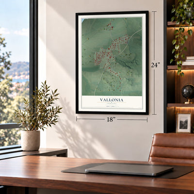 Vallonia, Indiana map, 18 x 24 inch print in a black frame in a home office