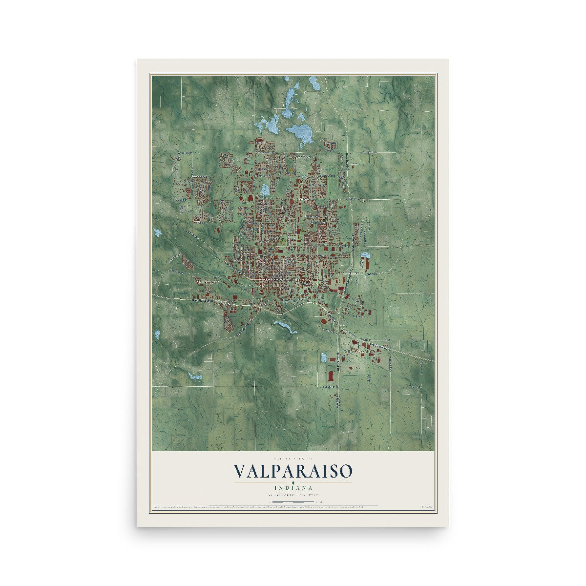 Map of Valparaiso, Indiana, 12 x 18 inch unframed archival matte print