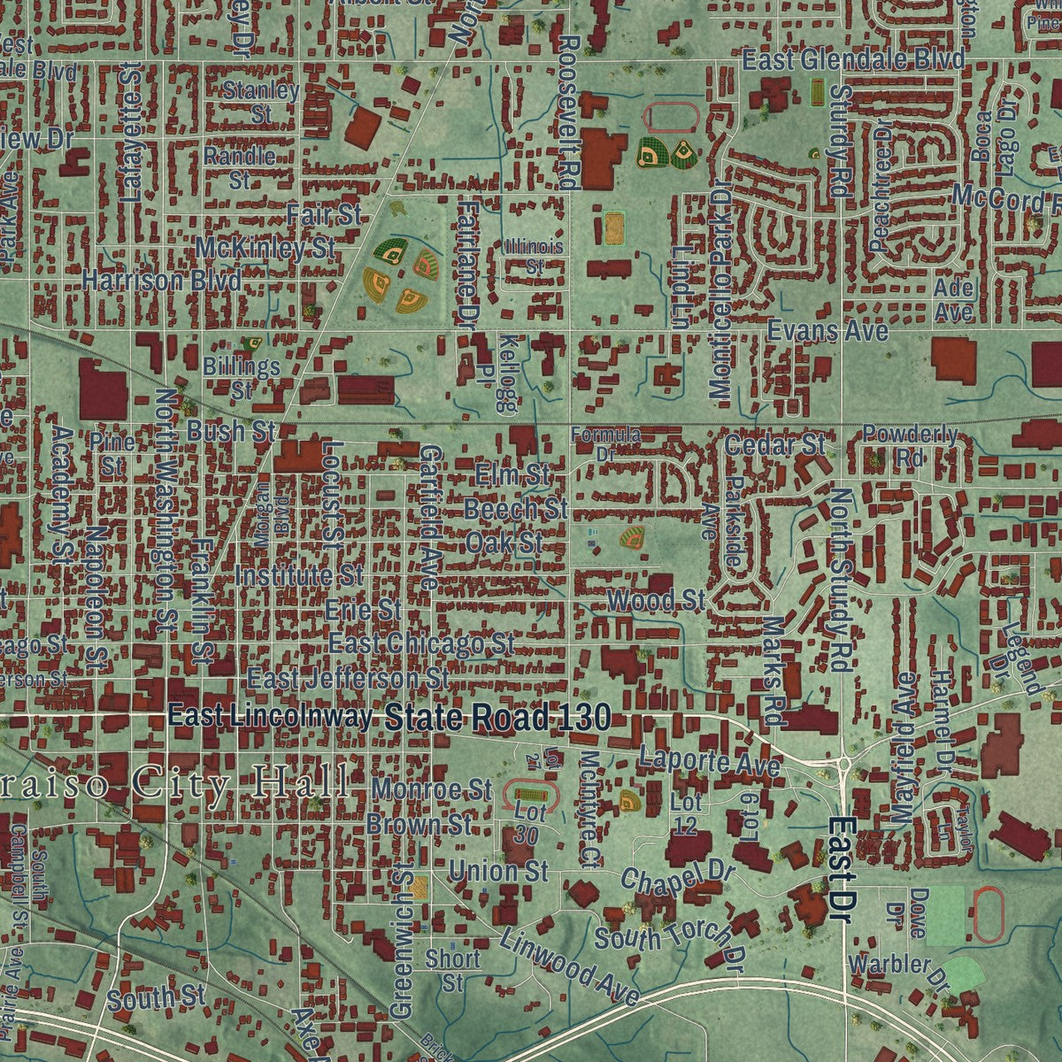 Close-up of the map of Valparaiso, Indiana print showing street and building detail