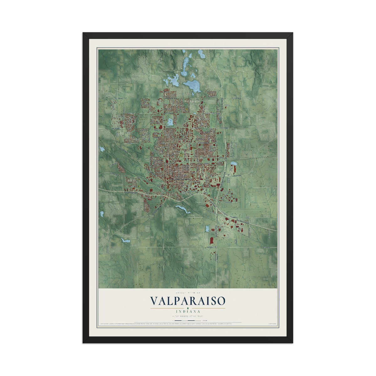 Map of Valparaiso, Indiana, 12 x 18 inch print in a black wood frame