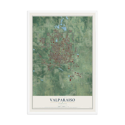 Map of Valparaiso, Indiana, 12 x 18 inch print in a white wood frame