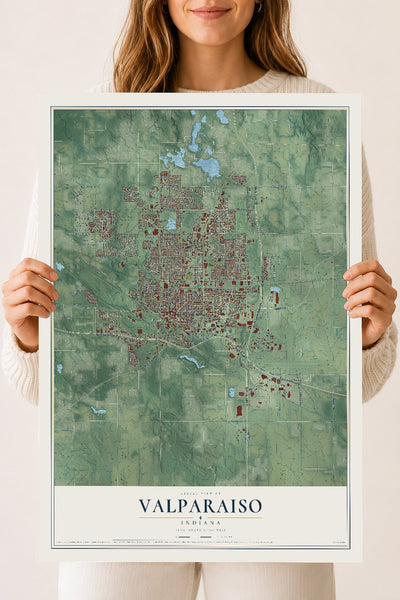 Map of Valparaiso, Indiana, 18 x 24 inch unframed archival matte print