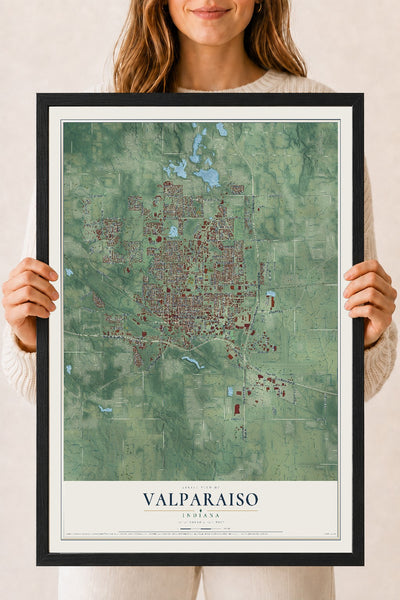 Map of Valparaiso, Indiana, 18 x 24 inch print in a black wood frame