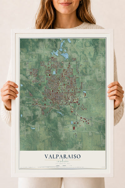 Map of Valparaiso, Indiana, 18 x 24 inch print in a white wood frame