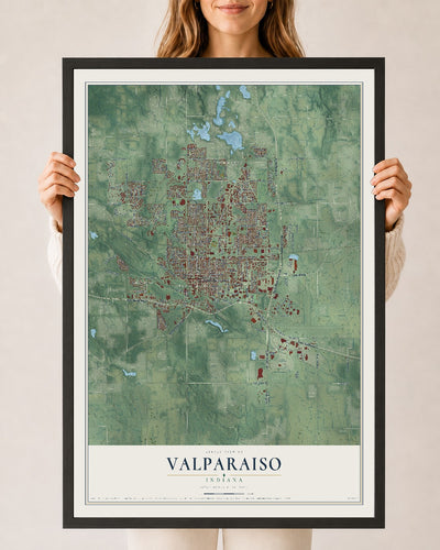 Map of Valparaiso, Indiana, 24 x 36 inch print in a black wood frame