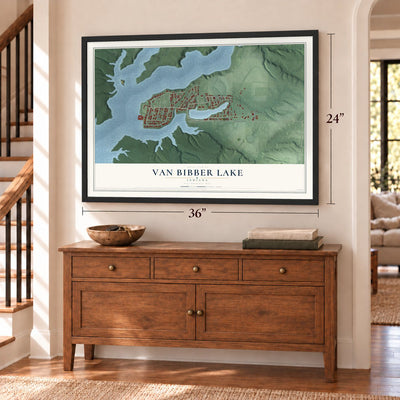 Van Bibber Lake, Indiana map, 24 x 36 inch print in a black frame above a dresser by a staircase