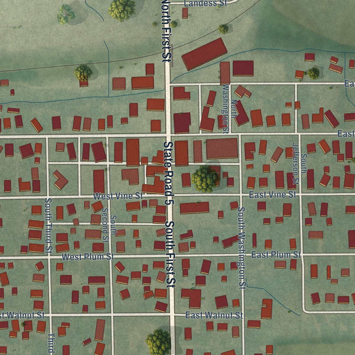 Close-up of the map of Van Buren, Indiana print showing street and building detail