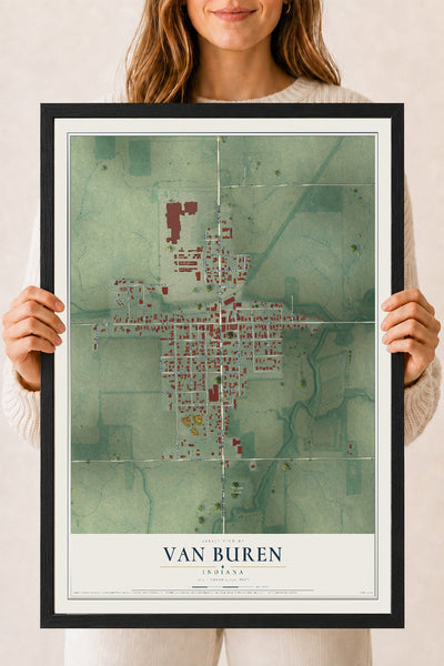 Map of Van Buren, Indiana, 18 x 24 inch print in a black wood frame
