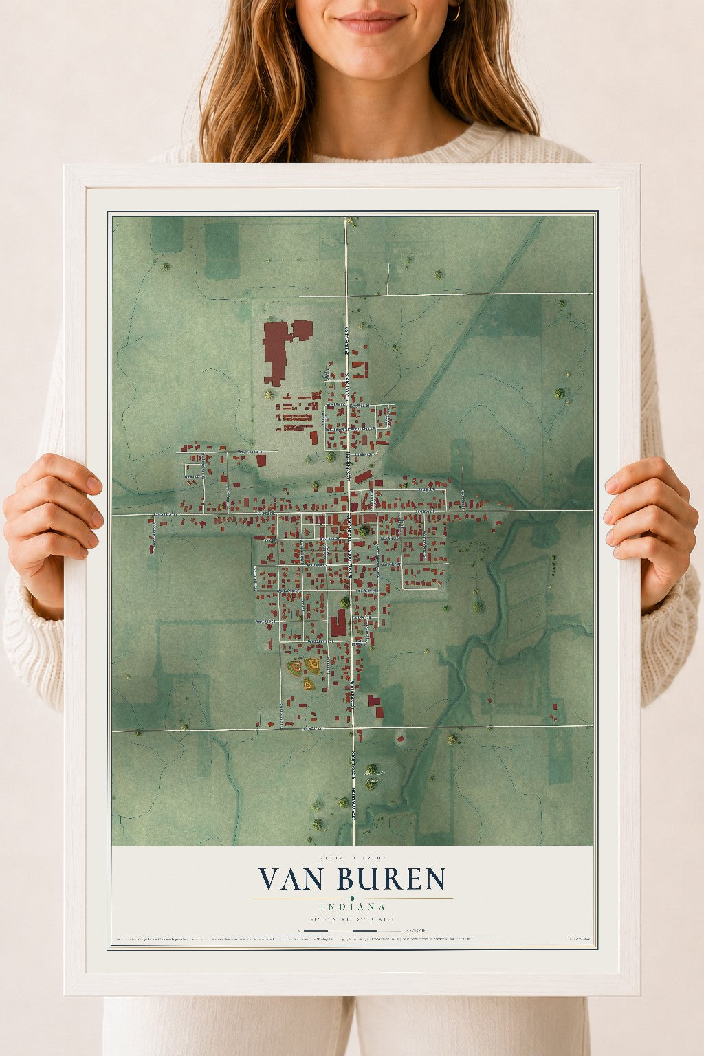 Map of Van Buren, Indiana, 18 x 24 inch print in a white wood frame