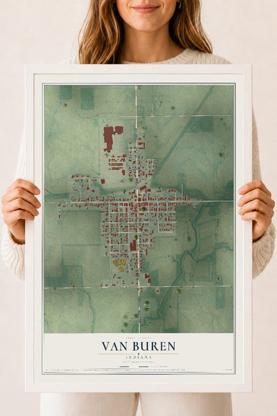 Map of Van Buren, Indiana, 18 x 24 inch print in a white wood frame