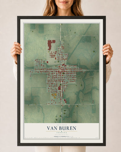 Map of Van Buren, Indiana, 24 x 36 inch print in a black wood frame