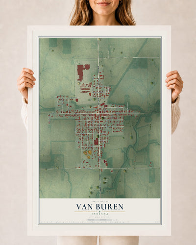 Map of Van Buren, Indiana, 24 x 36 inch print in a white wood frame