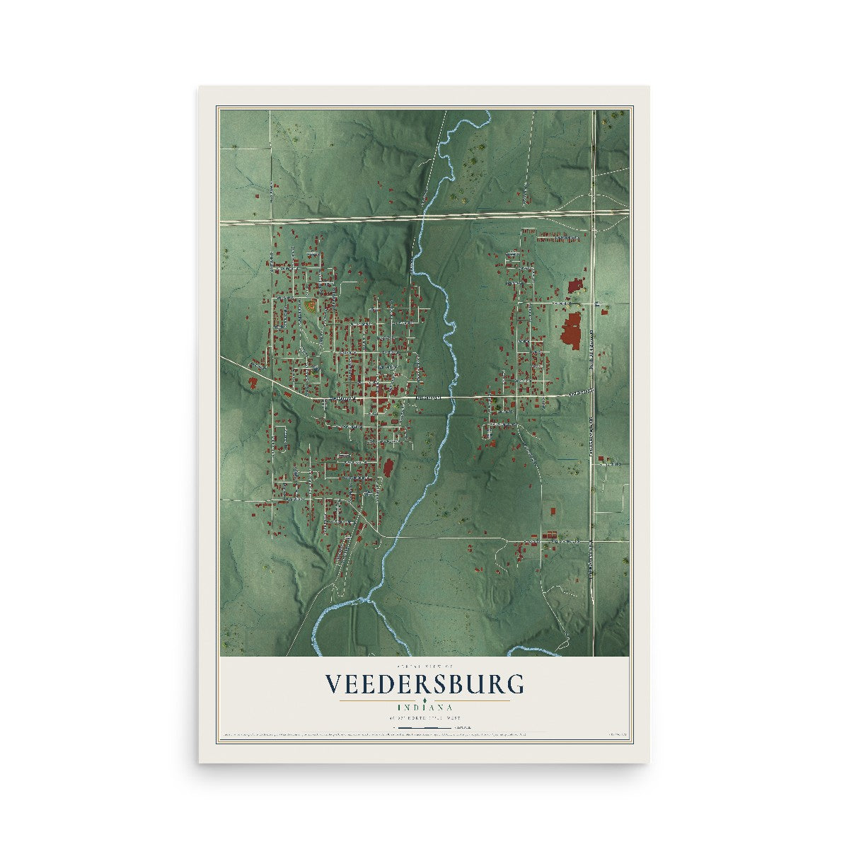 Map of Veedersburg, Indiana, 12 x 18 inch unframed archival matte print