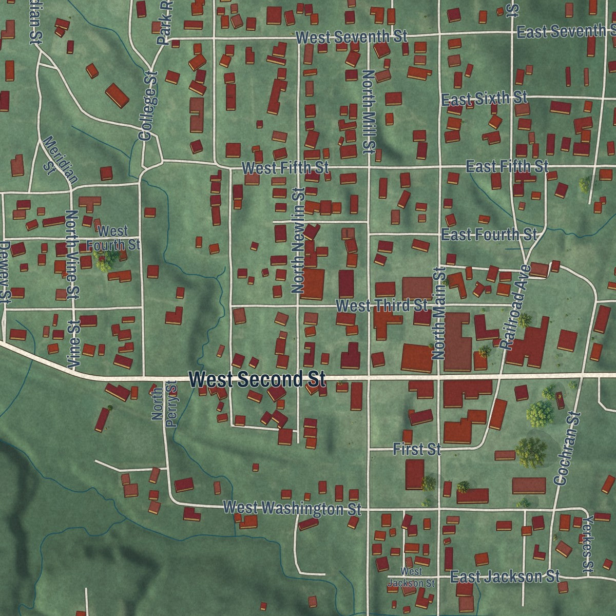 Close-up of the map of Veedersburg, Indiana print showing street and building detail